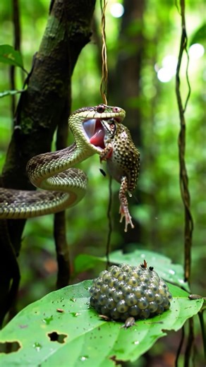 Snake eating frog and his eggs 🪺 #youtubeshorts #wildlife #animallife #shortsviral #animals #viral