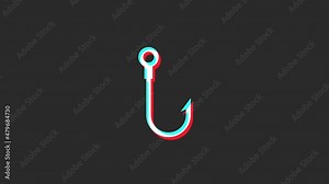 glitch fish hook icon animated. isolated on black background. digital glitch effect. 4K video. cool effect.