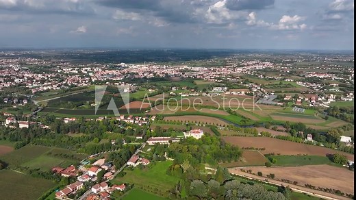 VICENZA - APRIL, 2023: Aerial drone view of palladian Villa Capra. Beautiful ancient architecture conceived by Andrea Palladio. Word famous Unesco architectural monument.