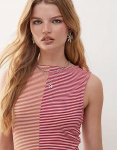 Reclaimed Vintage slash neck singlet in spliced pink and orange stripe print | ASOS