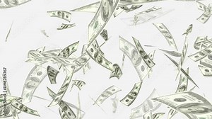 Money falling drop from ceiling in a money rain animation, Money falling and flying in the air, light version with not as many bills, money fall with white background, Dollars bills falling down,