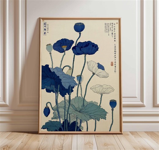 Japanese Woodblock Print, Vintage Lotus Flower Art, Traditional Ukiyo-e Botanical Poster, Blue Floral Wall Art, Japanese Home Decor - Etsy
