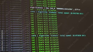 Concept of mining bitcoins. Crypto farm. Flow of information strings and data. Binary code