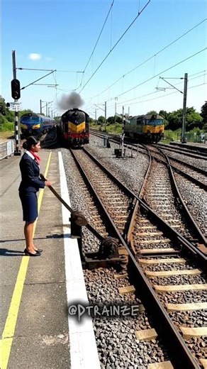 A manual switch operator signaling that a train is passing on a double track