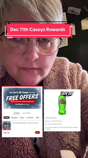 Dec 11th Casey’s Rewards- Free muscle milk with in store purchase. Also, $1 Mt Dew 20 oz. #caseys #24daysofchristmas #milk #mtdew