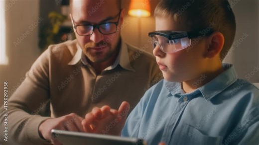 Teacher using a tablet with a visually impaired student wearing assistive glasses