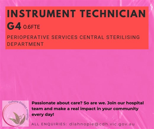 Central Sterilising Department Instrument Technician – Cohuna District Hospital https://cdh.vic.gov.au/jobs/central-sterilising-department-instrument-technician/ Closes Sunday 11th January 2026 | Cohuna District Hospital
