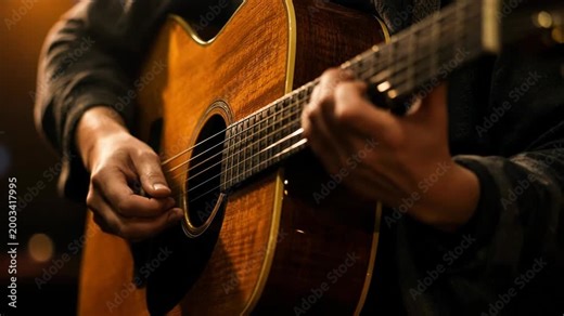 A close up shot captures a musician hands expertly strumming an acoustic guitar, revealing the intricate details of wood grain and string vibration during an intimate and soulful musical performance.