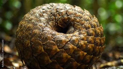 Rolled-up pangolin curled in a ball for self-defense, showcasing armor scales and survival strategy in nature