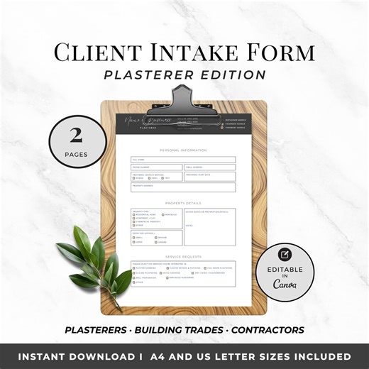 Plasterer Client Intake Form, Plastering Job Details & Quote Form, Editable Canva Intake Sheet for Trades - Etsy