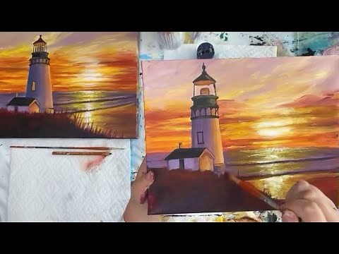 Lighthouse at Sunset | Acrylic Painting