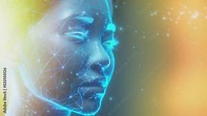 A female artificial intelligence face emerges from the digital realm, seamlessly blending humanity and technology