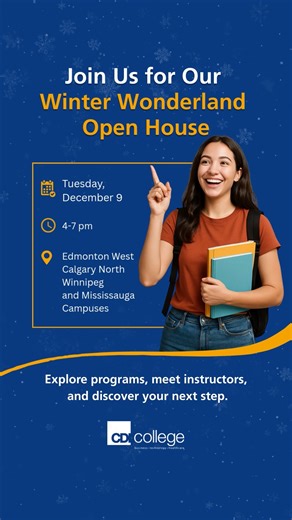 The countdown is on. Only 3 days left until the CDI Winter Wonderland Open House! If you're dreaming of a brighter future, a new direction, or a more stable and rewarding career, join us on December 9, 4–7 PM at our: 📍 Edmonton West 📍 Calgary North 📍 Winnipeg 📍 Mississauga Campuses It’s a relaxed, welcoming way to learn more about the career paths available. 🎁 Plus, you’ll be entered to win one of many Amazon Fire Tablets and scholarships up to $3,000! 👉 RSVP today to save your spot: https