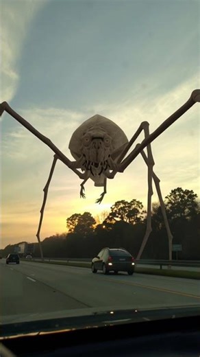 from dashcam perspecive, giant skinny grotesque creatures slowly slowly walking down i95 in bruns...