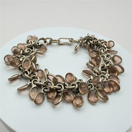 Vintage 50s Silver Tone Charm Bracelet Oval Pink Glass Cabochon Accents Jewelry - Etsy