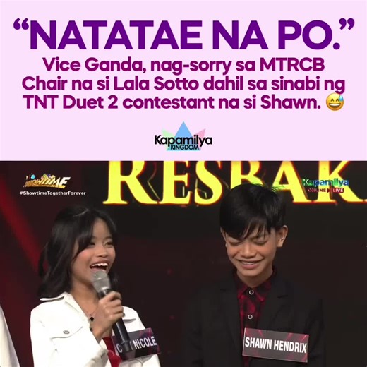 “NATATAE NA PO.” 💩 Vice Ganda, nag-sorry sa MTRCB Chair na si Lala Sotto dahil sa sinabi ng TNT Duet 2 contestant na si Shawn. 😅 #ViceGanda #ItsShowtime #TawagNgTanghalan