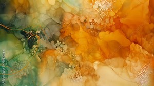 A vibrant and dynamic abstract painting showcasing a captivating combination of yellow and green hues, Abstract echoes of batik dye-process on fabric, AI Generated