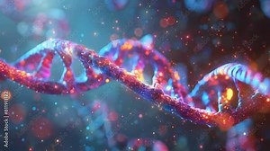 DNA helix in a vivid display of motion, with particles of light traveling along its spirals. The sparkling effects and vibrant colors enhance the dynamic and ethereal quality of the genetic structure