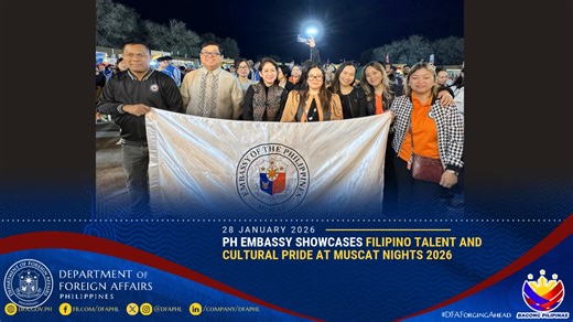 The Philippine Embassy in Oman successfully brought Filipino culture to the spotlight with “Pilipinas on Stage,” held at Al Qurum Natural Park on Friday, 23 January 2026. The event formed part of the main stage programs of Muscat Nights 2026, one of the most anticipated month-long cultural festivals in the Governorate of Muscat. Read full story here: https://bit.ly/49HVDDW #DFAForgingAhead | Department of Foreign Affairs, Republic of the Philippines