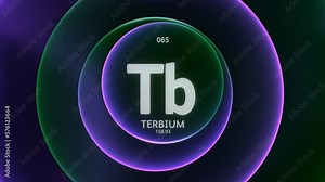 Terbium as Element 65 of the Periodic Table. Concept animation on abstract green purple gradient rings seamless loop background. Title design for science content and infographic showcase backdrop.
