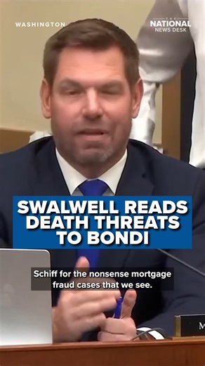 Rep. Eric Swalwell, D-Calif., pleaded to Attorney General Pam Bondi for help investigating death threats made on his life and other members of Congress. Swalwell read aloud the threats made on his family. | The National Desk - TND