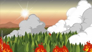 Forest fires, smoke and fire over the tops of trees. Vector animation with paralax effect Stock Video
