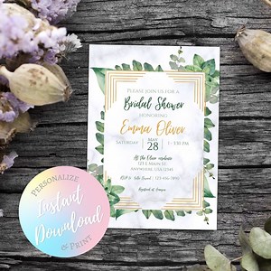 Bridal Shower Invitation Template, Greenery, Gold, Marble, Instant Download, Printable & Editable on Canva - Etsy