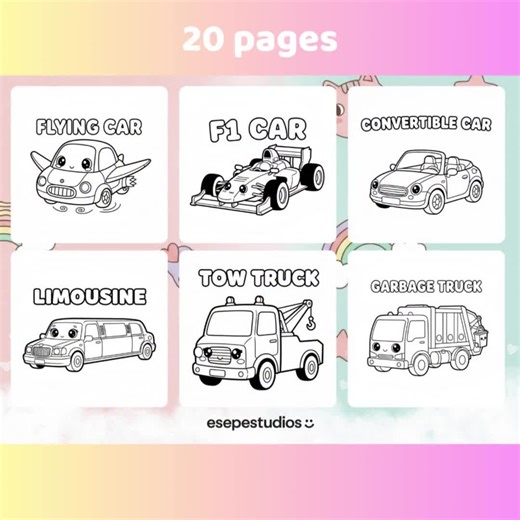 Cars Coloring Book: Kawaii Vehicle Pages for Toddlers (PDF Printable)