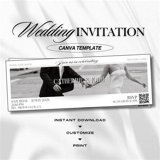 Vintage Ticket Wedding Invitation Printable Canva Template With RSVP QR Code, Instant Download - Etsy