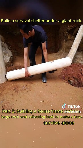 #camping #bushcraft #survival #building #part2 Build a survival shelter under a giant rock. Part 2: Building a house frame under a large rock and collecting bark to make a bow. Survive alone