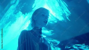 Low angle shot of beautiful female alien with dark lipstick and blackout contact lenses wearing metallic gown walking in blue laser light and posing on camera