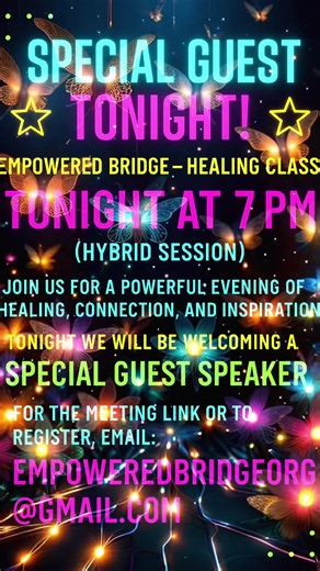 💜 SPECIAL GUEST TONIGHT at 7PM! Our Empowered Bridge Healing Class is welcoming a powerful speaker who will be sharing their real story, real wisdom, and real hope. If you’ve been feeling alone, stressed, or stuck this is your sign to join us. ✨ FREE Hybrid Class (online   in-person) ✨ Survivors, supporters & community welcome ✨ Safe, private, healing space 📩 Email to join: empoweredbridgeorg@gmail.com Are you coming tonight? 💜 Yes / Maybe / Send me the link #EmpoweredBridge #HealingCommunity