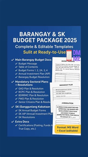 📢 BARANGAY & SK BUDGET PACKAGE 2025 ✨ 📂 Complete & Editable Templates – Sulit at Ready-to-Use! ✅ Main Barangay Budget Docs ✔ Budget Message ✔ Table of Contents ✔ Budget Forms 1, 2, 2A, 3, 4 ✔ Annual Investment Plan (AIP) ✔ Barangay Budget Resolution ✅ Mandatory Sectoral Plans Resolutions ✔ GAD Plan & Resolution ✔ BCPC Plan & Resolution ✔ BDRRMC Plan & Resolution ✔ PWD Plan & Resolution ✔ Senior Citizens Plan & Resolution ✅ SK (Sangguniang Kabataan) ✔ SK Annual Budget Forms ✔ SK AIP (Annual Inv