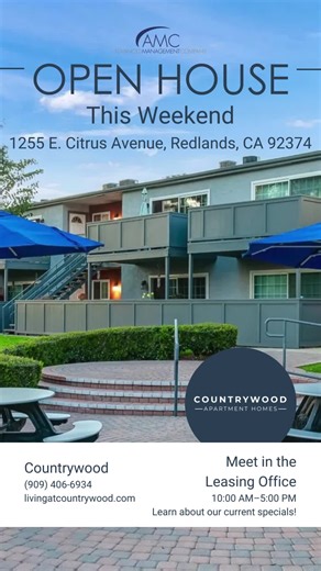 Countrywood Apartments in Redlands, CA, is hosting an open house this weekend! Text us at (909) 406-6934 or visit www.livingatcountrywood.com/availability to view your new home today. #LiveHappy #AMC #ApartmentLiving #OpenHouse