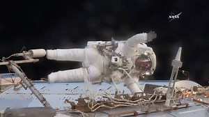A wave from 400 kilometres above Earth! NASA Astronaut Jack “2fish” Fischer waved at the camera as he and NASA Astronaut Peggy Whitson performed a spacewalk this morning to replace a computer relay box that failed on Saturday morning and install a pair of antennas. Credit: NASA | Canadian Space Agency