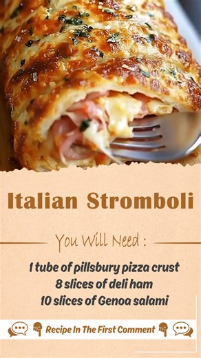 Italian Stromboli 1 tube of pillsbury pizza crust 8 slices of deli ham 10 slices of Genoa salami 12 slices of sandwich pepperoni 8 slices provolone cheese or mozzarella (You could definitely use shredded cheese as well) 2 tablespoons of butter 2 minced garlic gloves 2 teaspoons chopped parsley 3 tablespoons of Parmesan cheese Melt the butter in the microwave and mix in the minced garlic, parsley and Parmesan cheese. Set aside I lined my baking sheet with parchment paper. Stretch the pizza crust 