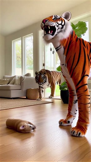 The real tiger appears, the fake tiger collapses.