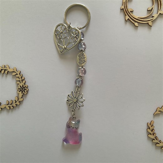 Pink and Blue Keychain Made of Glass Beads, Metal Charms and a Resin Cat, Lucky Charm, Bag Charm - Etsy