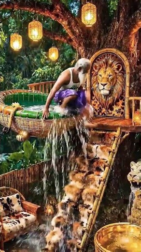 I Built a Jungle Survival Tree House in Lion Territory Using Wood & Bamboo 🏠🎍