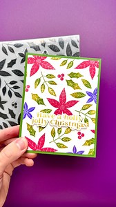 Peel-apart your background stamps for multicolored stamping!🤯 I created a beautiful stamped and foiled DIY Christmas card. First, I placed the Bold Holiday Blooms background stamp into the MISTI stamping tool and peeled out the florals. This allowed me to ink up the leaves and stamp them using green (fake plant) Simon Hurley ink. Then, I placed the flowers back into the stamp and peeled out the leaves. This allowed me to stamp the florals in red (lovestruck) and purple (crown me) inks!❤️ For th