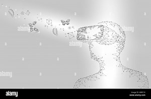 Virtual reality helmet glass headset. Future video internet technology. Man with device on head. Low poly connected dots point line triangle dark blue Stock Vector Image & Art - Alamy