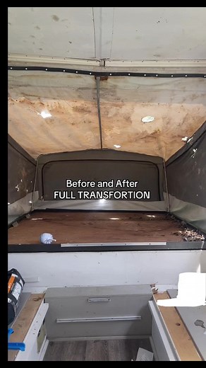 1 part transformation of our ‘95 Jayco #camper #trailer #popupcamper #onepartonly #diytransformation #beforeandafter #popupcamperremodel #popupcampermakeover #camperrenovation #camperflip #camperideas #campertrailer