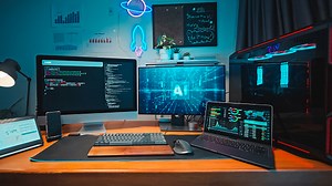 Desktop Computer of Programmer running AI machine learning software,...