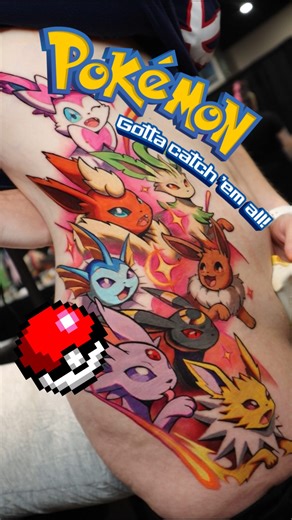Jesús Blones - Tattoo Artist on Instagram: "Gotta catch ‘em all ✨ POKEMON TATTOO!! We couldn’t finish one more Pokemon in this Eeveelutions tattoo, can you guess which one??? Video: @c1eg0 ⚡️ #pokemon #pokèmon #nintendo #eevee #eeveelutions #eeveevolution #flareon #vaporeon #evolutions"