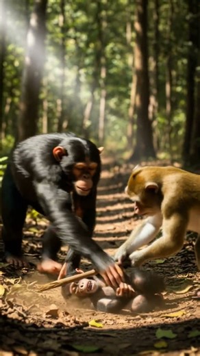 Crazy Monkey Striking baby Cimpanzee