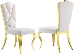 White and Gold Dining Chairs Set of 2, White Velvet Upholstered Dining Room Chairs with Shell-Shaped Backrest & Gold Polished Legs, Kitchen Chairs for Dining Room