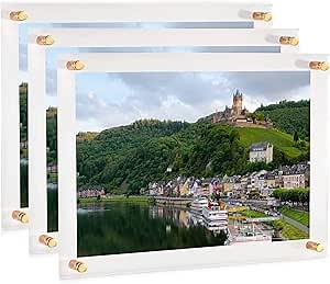 Acrylic Floating Frames Gold Standoffs (3-Pack) 16" x 20" Clear Acrylic Frames for Wall Mount Floating Picture Frame, Diploma Poster Certificate Hanging Photo Display Degree Prints Artwork Documents