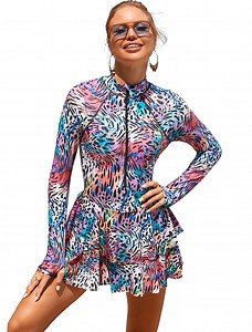 IDOPIP Women One Piece Rash Guard Set Long Sleeve Swimsuits Zip Front Swim Shirt Dress with Shorts