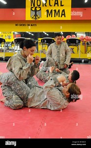 Soldiers of the 100th Troop Command take part in level one Modern Army Combative Training in February 2012. The five day course takes techniques from several martial arts and prepares Soldiers for hand-to-hand combat. The video contains footage of Soldiers on day four participating in bouts that grow progressively more challenging. Shot and produced by Master Sgt. David J. Loeffler, 144th Fighter Wing PAO and Visual Information NCO Stock Photo - Alamy