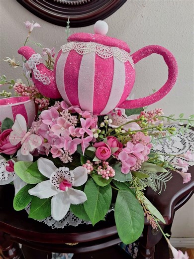 Pink Tea Party Floral Centerpiece, Shabby Chic Table Design, #fyp nanashomemadedecor.etsy.com